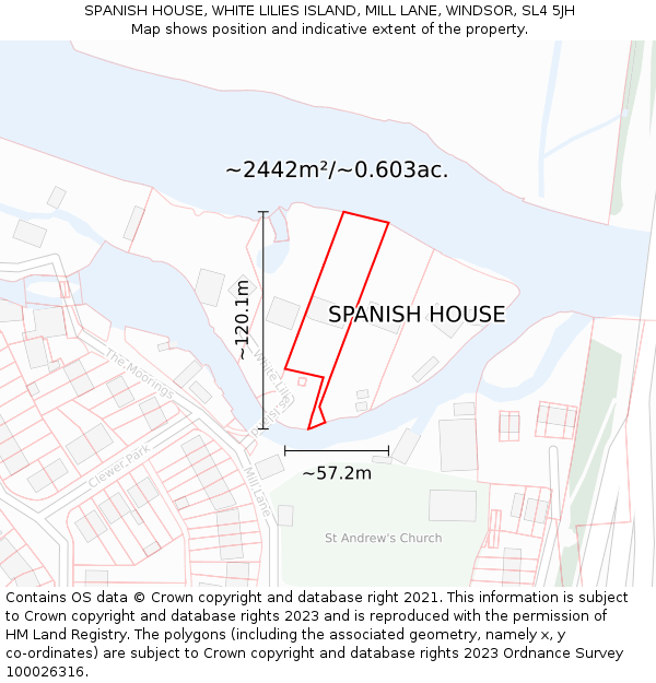 SPANISH HOUSE, WHITE LILIES ISLAND, MILL LANE, WINDSOR, SL4 5JH: Plot and title map