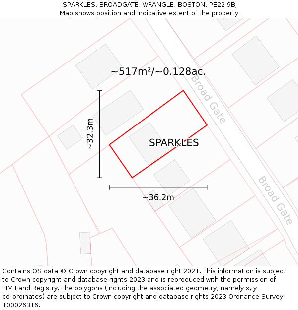 SPARKLES, BROADGATE, WRANGLE, BOSTON, PE22 9BJ: Plot and title map