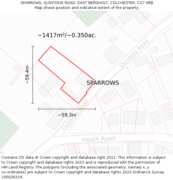 SPARROWS, QUINTONS ROAD, EAST BERGHOLT, COLCHESTER, CO7 6RB: Plot and title map