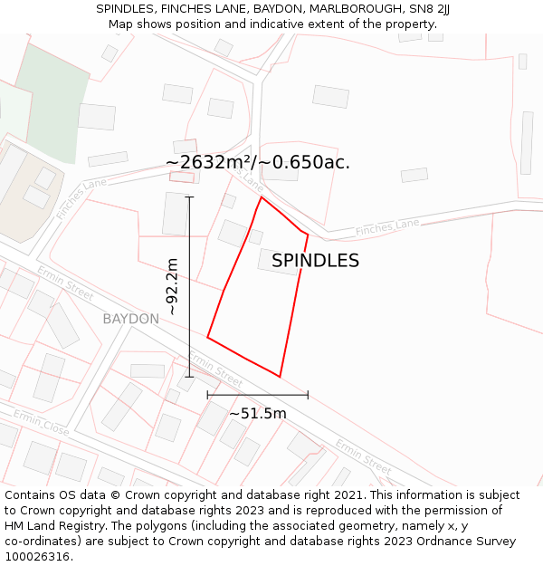 SPINDLES, FINCHES LANE, BAYDON, MARLBOROUGH, SN8 2JJ: Plot and title map