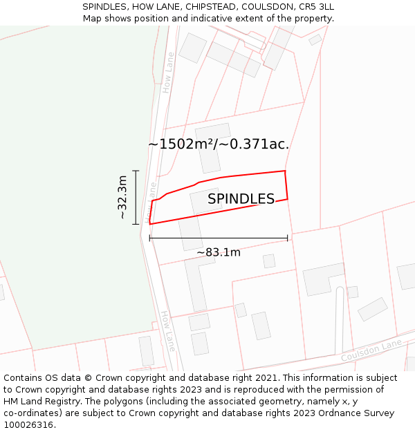 SPINDLES, HOW LANE, CHIPSTEAD, COULSDON, CR5 3LL: Plot and title map