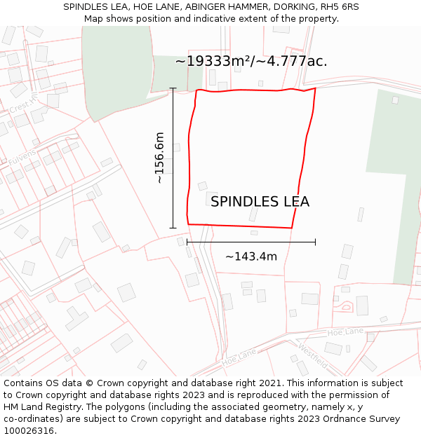 SPINDLES LEA, HOE LANE, ABINGER HAMMER, DORKING, RH5 6RS: Plot and title map