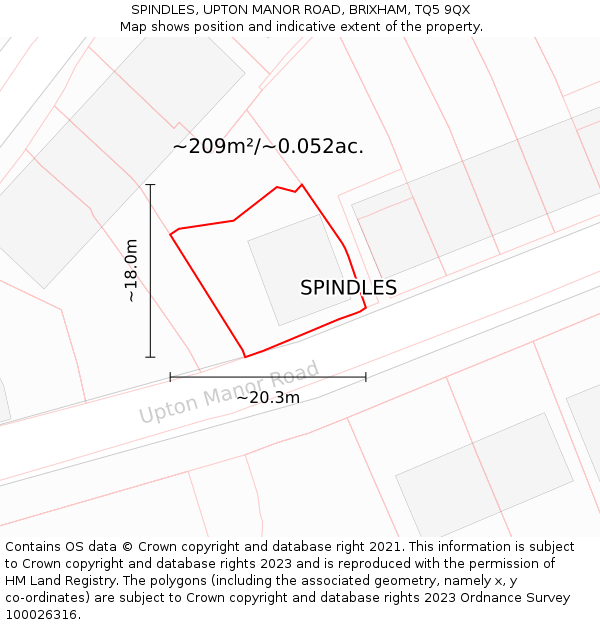 SPINDLES, UPTON MANOR ROAD, BRIXHAM, TQ5 9QX: Plot and title map