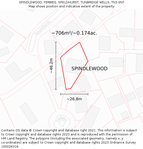 SPINDLEWOOD, FERBIES, SPELDHURST, TUNBRIDGE WELLS, TN3 0NT: Plot and title map