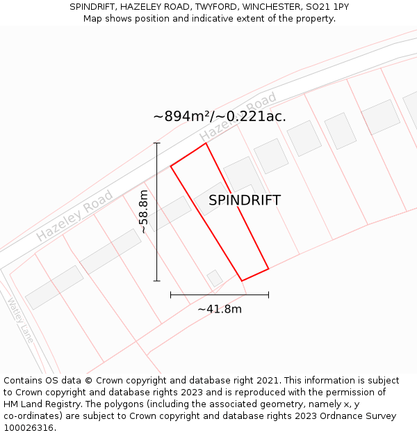 SPINDRIFT, HAZELEY ROAD, TWYFORD, WINCHESTER, SO21 1PY: Plot and title map