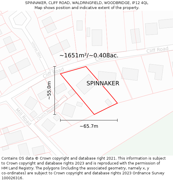 SPINNAKER, CLIFF ROAD, WALDRINGFIELD, WOODBRIDGE, IP12 4QL: Plot and title map