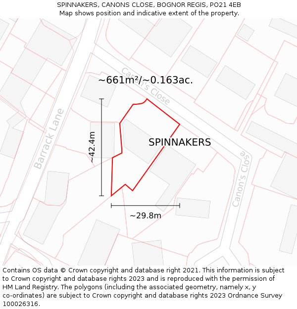 SPINNAKERS, CANONS CLOSE, BOGNOR REGIS, PO21 4EB: Plot and title map