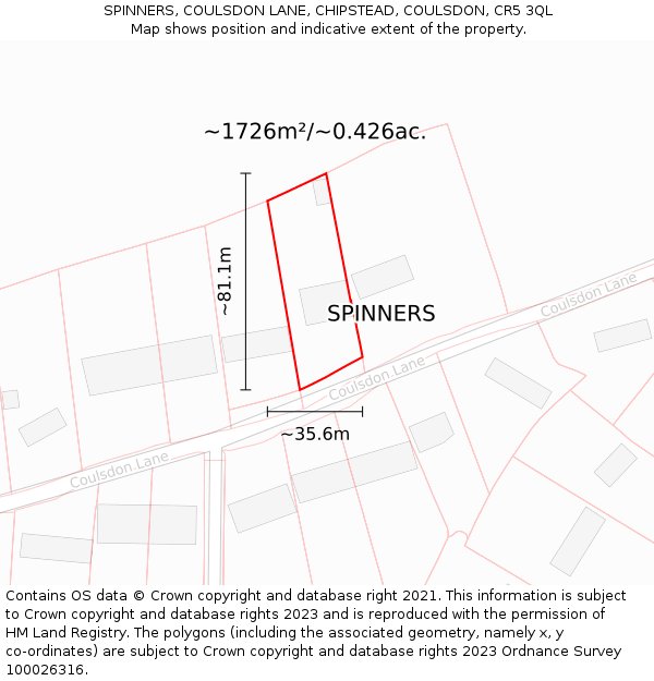 SPINNERS, COULSDON LANE, CHIPSTEAD, COULSDON, CR5 3QL: Plot and title map
