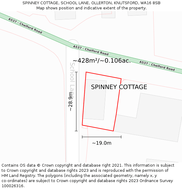 SPINNEY COTTAGE, SCHOOL LANE, OLLERTON, KNUTSFORD, WA16 8SB: Plot and title map