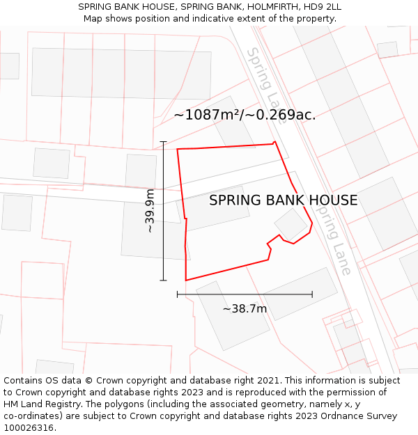 SPRING BANK HOUSE, SPRING BANK, HOLMFIRTH, HD9 2LL: Plot and title map