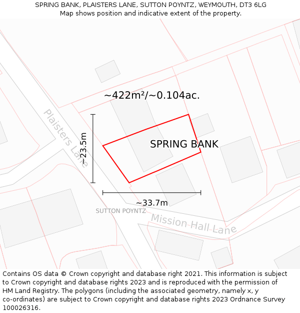 SPRING BANK, PLAISTERS LANE, SUTTON POYNTZ, WEYMOUTH, DT3 6LG: Plot and title map