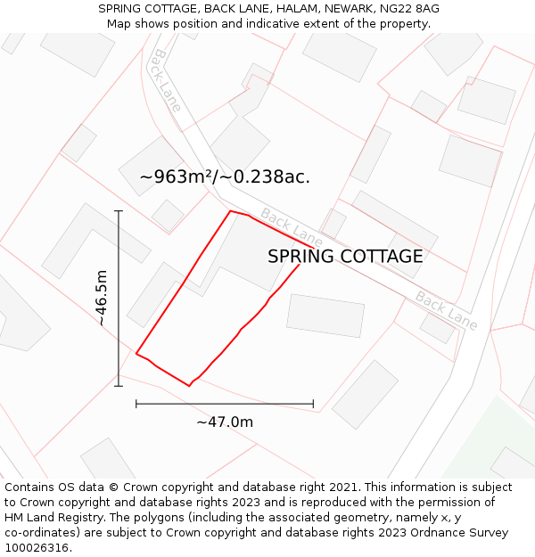 SPRING COTTAGE, BACK LANE, HALAM, NEWARK, NG22 8AG: Plot and title map