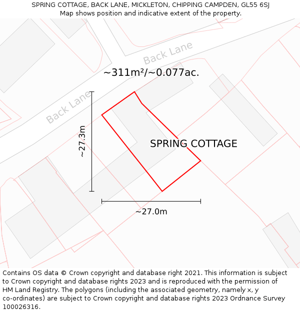 SPRING COTTAGE, BACK LANE, MICKLETON, CHIPPING CAMPDEN, GL55 6SJ: Plot and title map