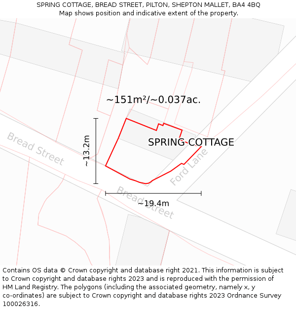 SPRING COTTAGE, BREAD STREET, PILTON, SHEPTON MALLET, BA4 4BQ: Plot and title map