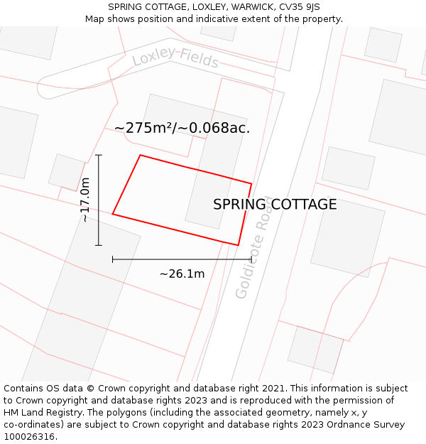 SPRING COTTAGE, LOXLEY, WARWICK, CV35 9JS: Plot and title map