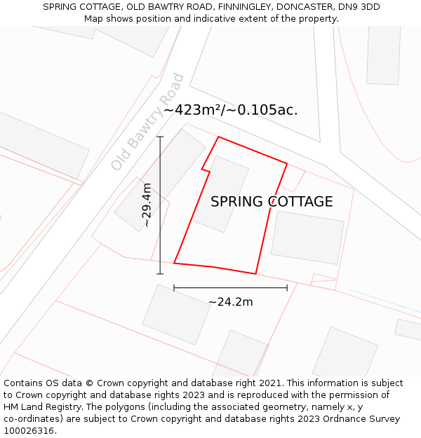 SPRING COTTAGE, OLD BAWTRY ROAD, FINNINGLEY, DONCASTER, DN9 3DD: Plot and title map