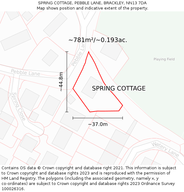 SPRING COTTAGE, PEBBLE LANE, BRACKLEY, NN13 7DA: Plot and title map