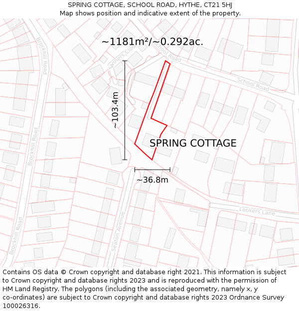SPRING COTTAGE, SCHOOL ROAD, HYTHE, CT21 5HJ: Plot and title map