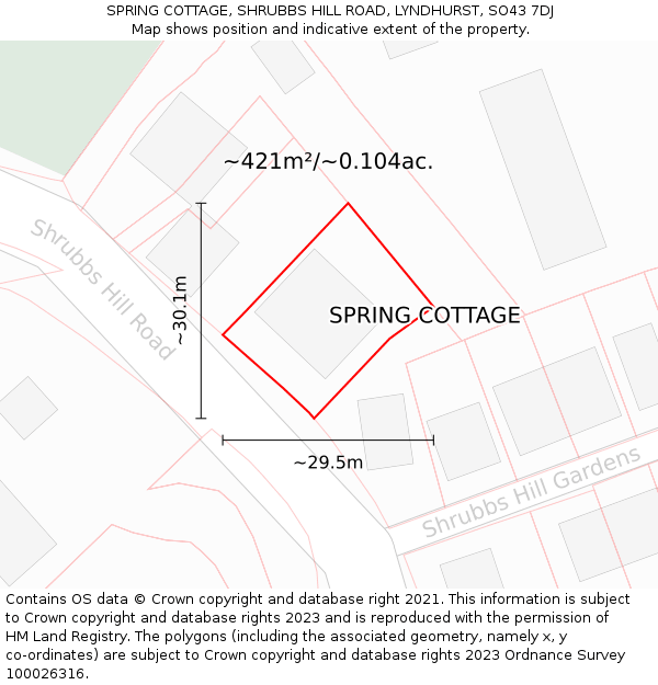 SPRING COTTAGE, SHRUBBS HILL ROAD, LYNDHURST, SO43 7DJ: Plot and title map