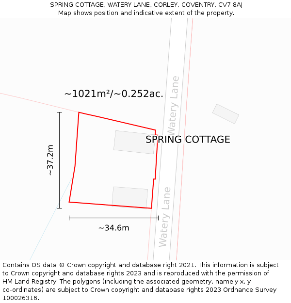 SPRING COTTAGE, WATERY LANE, CORLEY, COVENTRY, CV7 8AJ: Plot and title map