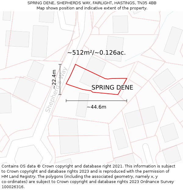 SPRING DENE, SHEPHERDS WAY, FAIRLIGHT, HASTINGS, TN35 4BB: Plot and title map