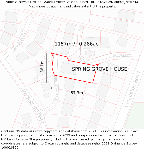 SPRING GROVE HOUSE, MARSH GREEN CLOSE, BIDDULPH, STOKE-ON-TRENT, ST8 6TA: Plot and title map