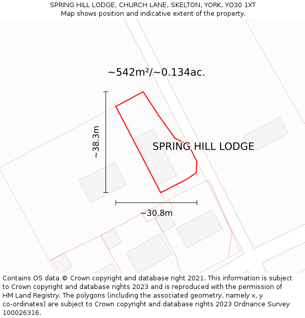 SPRING HILL LODGE, CHURCH LANE, SKELTON, YORK, YO30 1XT: Plot and title map