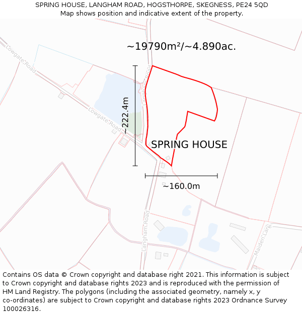 SPRING HOUSE, LANGHAM ROAD, HOGSTHORPE, SKEGNESS, PE24 5QD: Plot and title map