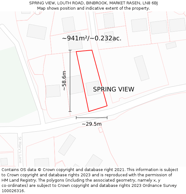 SPRING VIEW, LOUTH ROAD, BINBROOK, MARKET RASEN, LN8 6BJ: Plot and title map