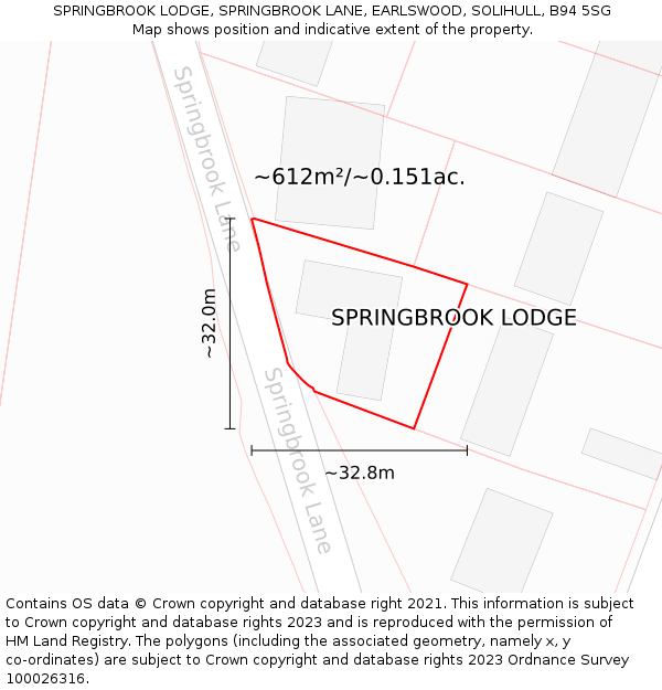 SPRINGBROOK LODGE, SPRINGBROOK LANE, EARLSWOOD, SOLIHULL, B94 5SG: Plot and title map