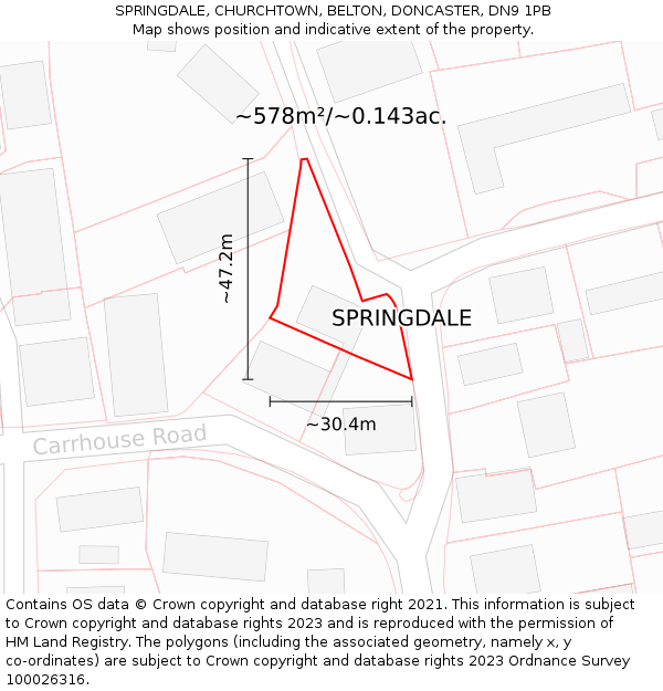 SPRINGDALE, CHURCHTOWN, BELTON, DONCASTER, DN9 1PB: Plot and title map