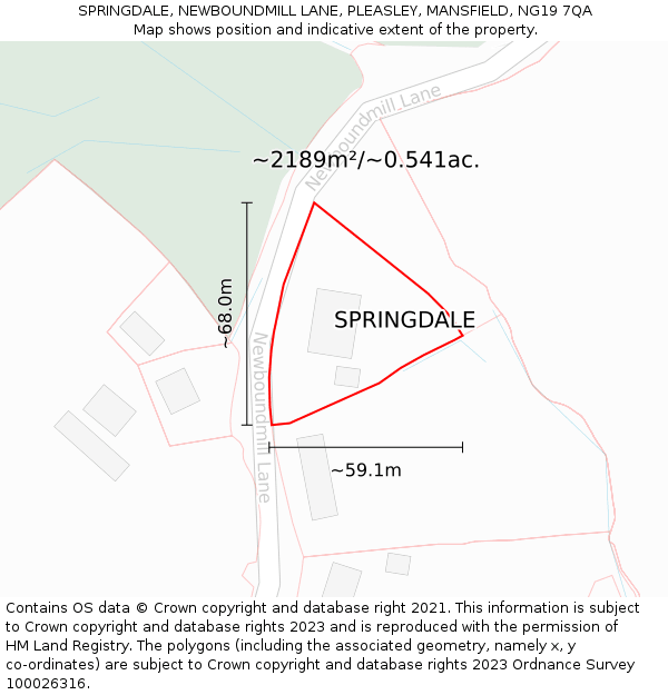 SPRINGDALE, NEWBOUNDMILL LANE, PLEASLEY, MANSFIELD, NG19 7QA: Plot and title map