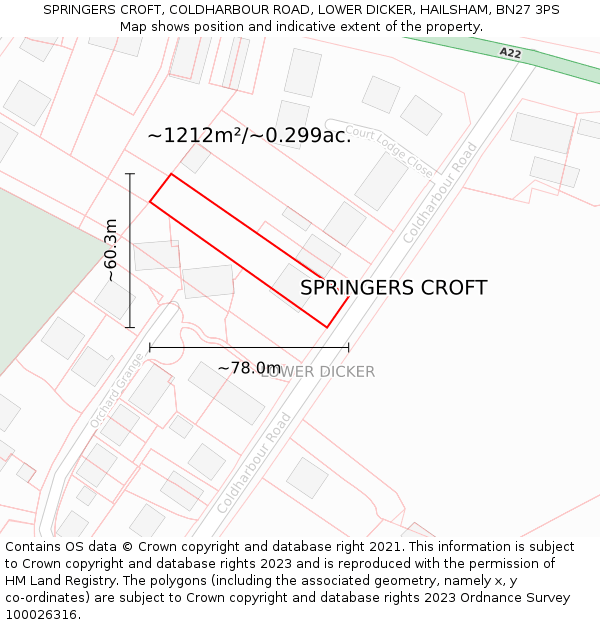 SPRINGERS CROFT, COLDHARBOUR ROAD, LOWER DICKER, HAILSHAM, BN27 3PS: Plot and title map