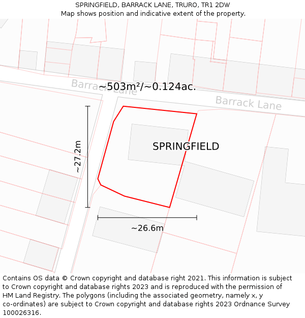 SPRINGFIELD, BARRACK LANE, TRURO, TR1 2DW: Plot and title map