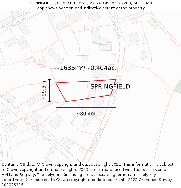 SPRINGFIELD, CHALKPIT LANE, MONXTON, ANDOVER, SP11 8AR: Plot and title map