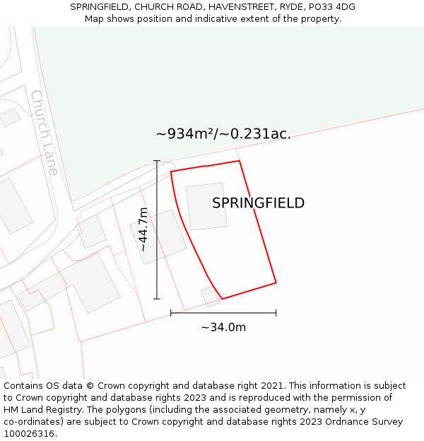 SPRINGFIELD, CHURCH ROAD, HAVENSTREET, RYDE, PO33 4DG: Plot and title map