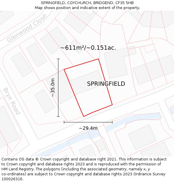 SPRINGFIELD, COYCHURCH, BRIDGEND, CF35 5HB: Plot and title map
