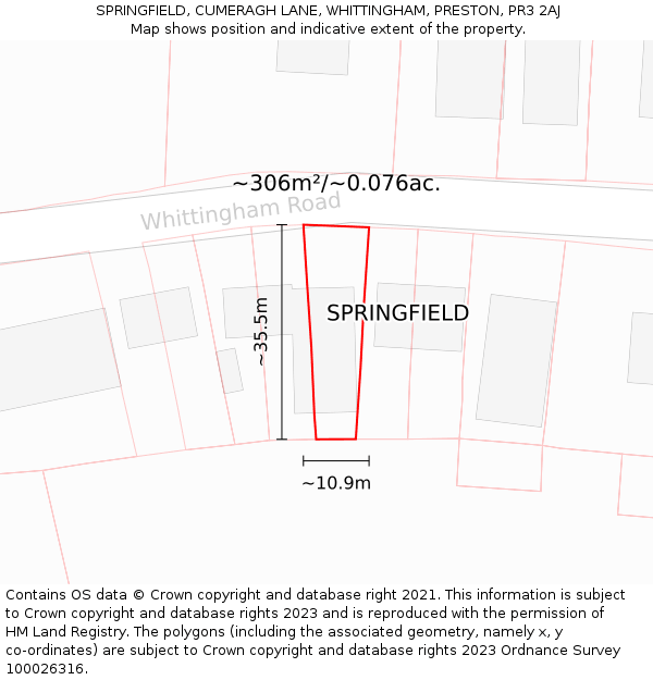 SPRINGFIELD, CUMERAGH LANE, WHITTINGHAM, PRESTON, PR3 2AJ: Plot and title map