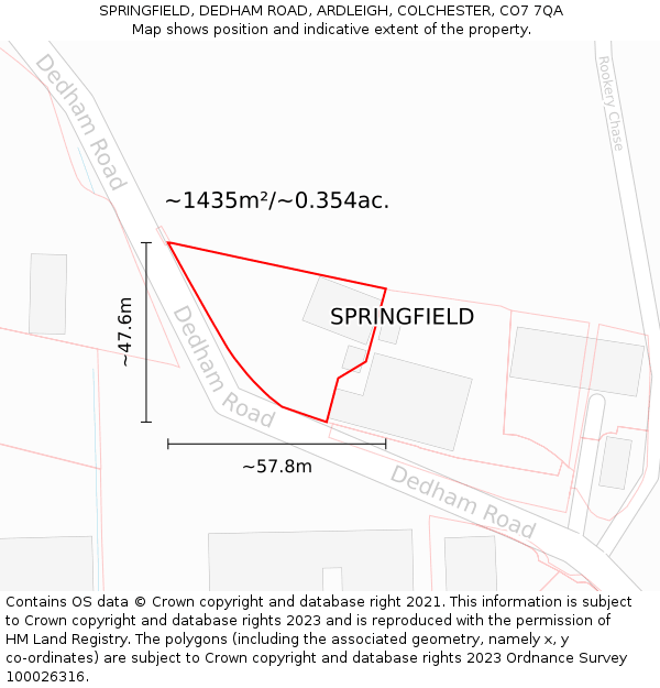 SPRINGFIELD, DEDHAM ROAD, ARDLEIGH, COLCHESTER, CO7 7QA: Plot and title map