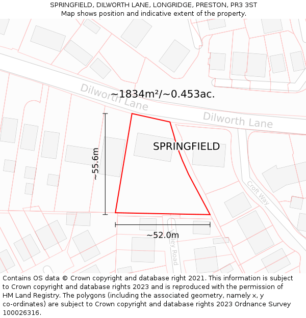 SPRINGFIELD, DILWORTH LANE, LONGRIDGE, PRESTON, PR3 3ST: Plot and title map