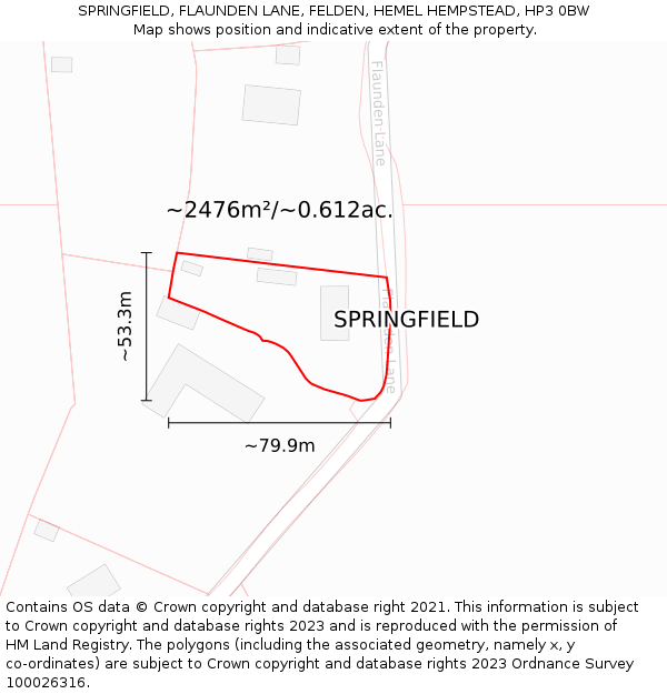 SPRINGFIELD, FLAUNDEN LANE, FELDEN, HEMEL HEMPSTEAD, HP3 0BW: Plot and title map