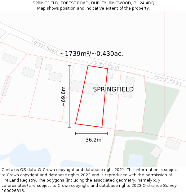 SPRINGFIELD, FOREST ROAD, BURLEY, RINGWOOD, BH24 4DQ: Plot and title map