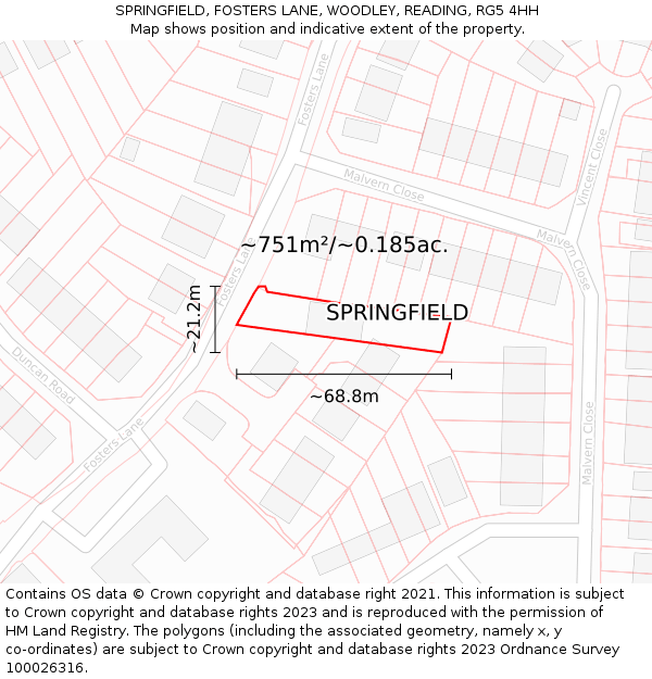 SPRINGFIELD, FOSTERS LANE, WOODLEY, READING, RG5 4HH: Plot and title map