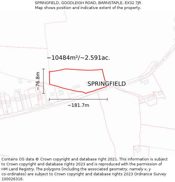 SPRINGFIELD, GOODLEIGH ROAD, BARNSTAPLE, EX32 7JR: Plot and title map