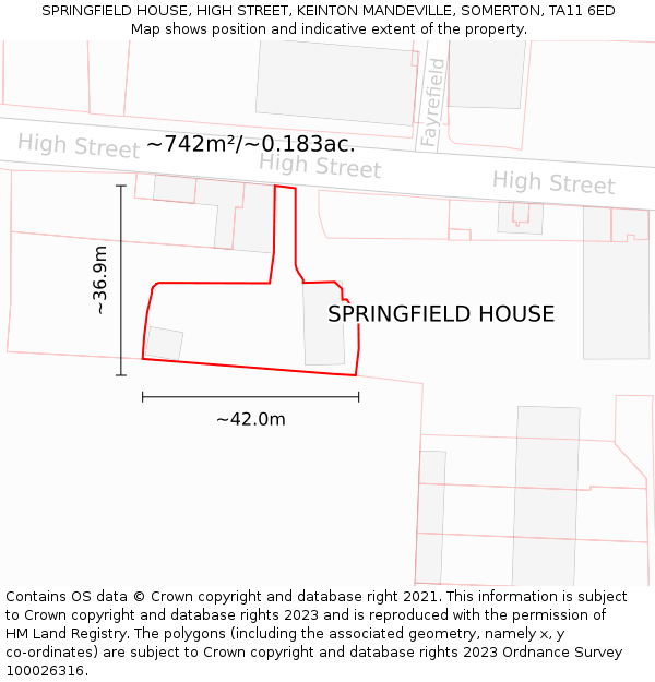 SPRINGFIELD HOUSE, HIGH STREET, KEINTON MANDEVILLE, SOMERTON, TA11 6ED: Plot and title map