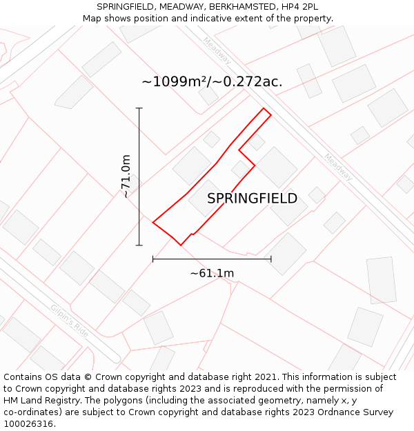 SPRINGFIELD, MEADWAY, BERKHAMSTED, HP4 2PL: Plot and title map