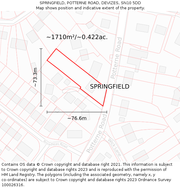SPRINGFIELD, POTTERNE ROAD, DEVIZES, SN10 5DD: Plot and title map