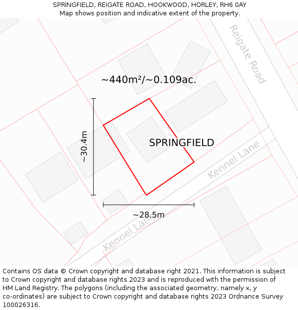 SPRINGFIELD, REIGATE ROAD, HOOKWOOD, HORLEY, RH6 0AY: Plot and title map