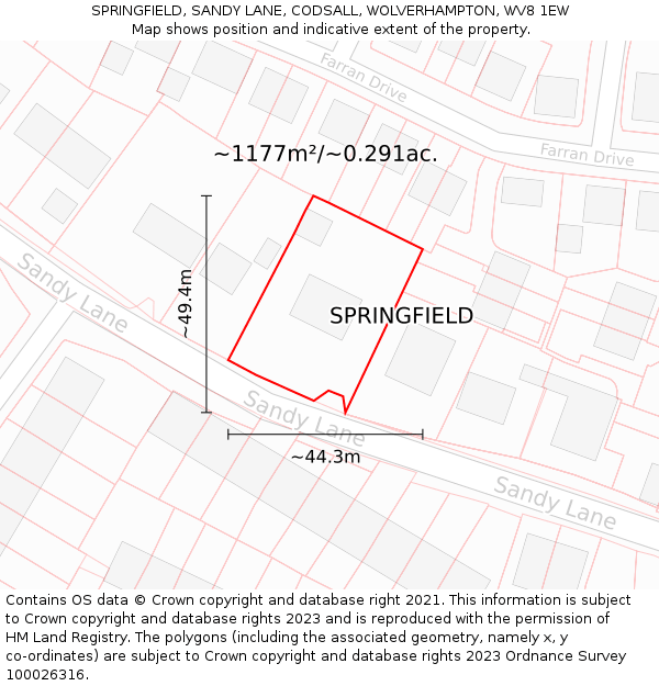SPRINGFIELD, SANDY LANE, CODSALL, WOLVERHAMPTON, WV8 1EW: Plot and title map