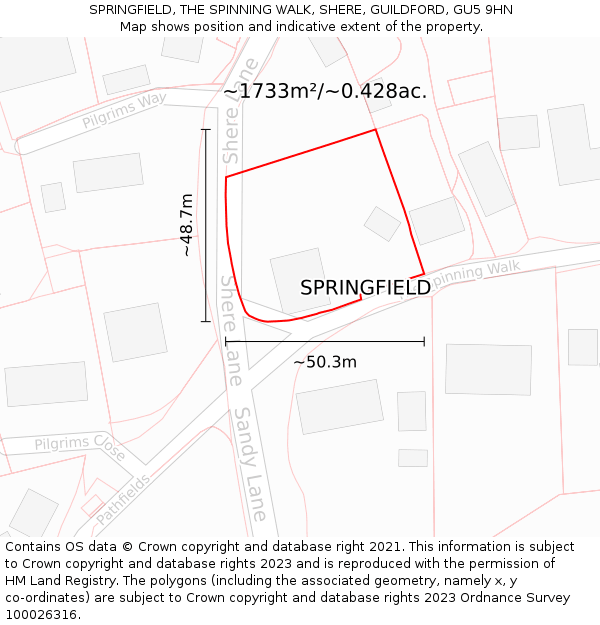 SPRINGFIELD, THE SPINNING WALK, SHERE, GUILDFORD, GU5 9HN: Plot and title map